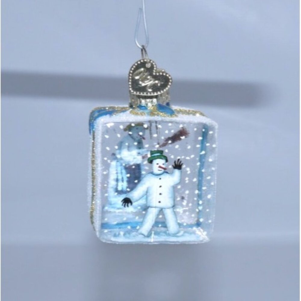 Vintage OWC handmade Glass Christmas ORNAMENT blue ice cube with snowman 1.5"